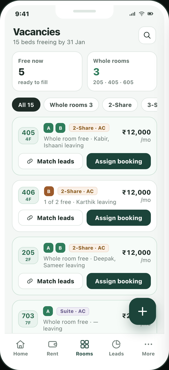 Owner app — vacancies with whole-room detection